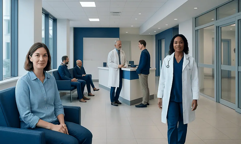Healthcare professionals and patients in a modern hospital waiting area.