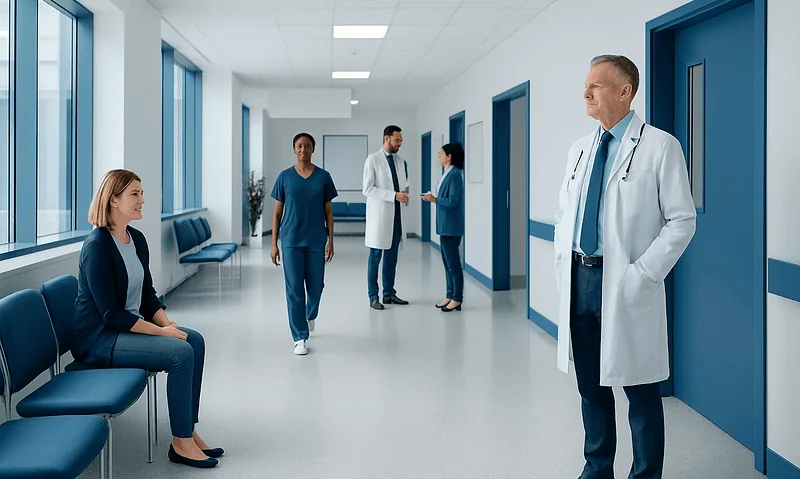 Medical professionals and patient in a hospital corridor at Acibadem Hospitals Group.