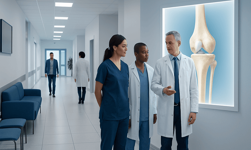 Medical team discussing knee joint anatomy in hospital corridor.