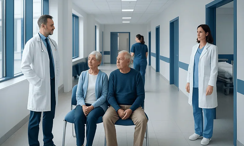 Doctors consulting with elderly patients in a hospital corridor.