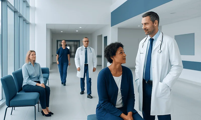 Doctor consulting with patient in hospital corridor with waiting area.