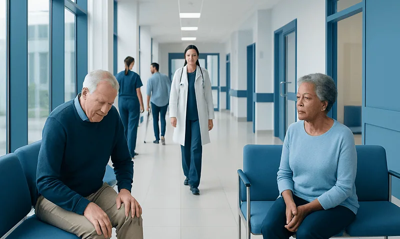 Elderly man and woman waiting in a hospital corridor with medical staff nearby.