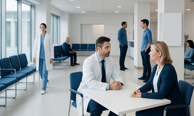 Doctor consulting with a patient in a modern hospital waiting area.