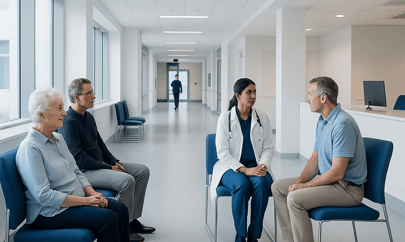 Doctor consulting with elderly patients in a hospital corridor.