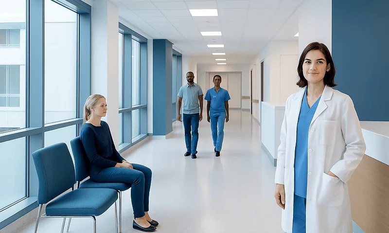 Healthcare professionals and patient in a modern hospital corridor.