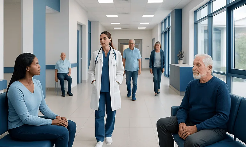 Healthcare professionals and patients in a hospital corridor.