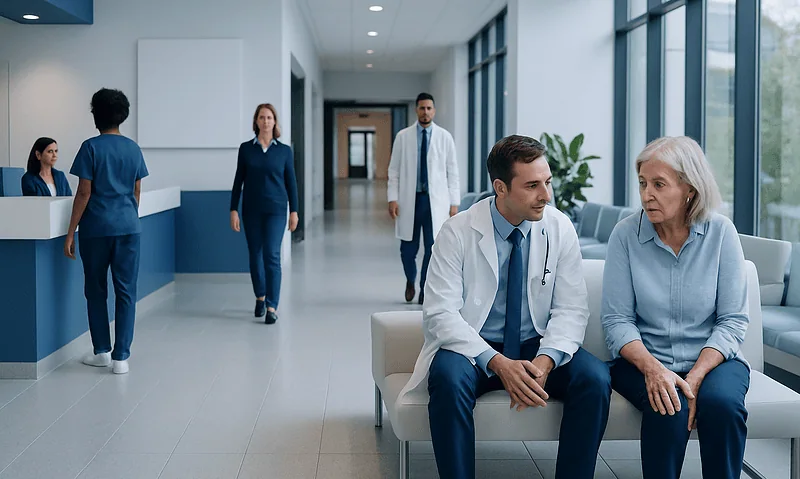Medical consultation in a modern hospital with doctors and patients.
