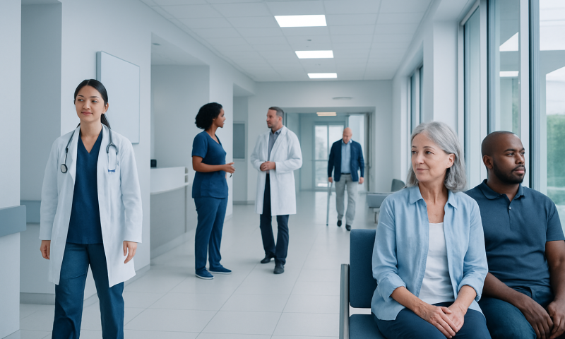 Brain Aneurysm Treatment Options: Coiling, Clipping, and Flow Diversion 11 Hospital corridor with medical staff and patients in a modern healthcare facility.