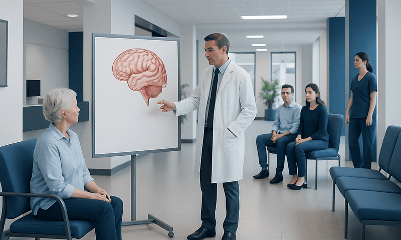 Brain AVM Surgery vs Endovascular Treatment: How Doctors Choose 9 Doctor explaining brain anatomy to elderly patient in hospital setting.