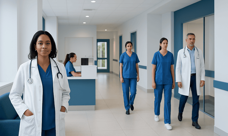 Cerebral Cortex Explained: Function, Layers, and Common Disorders 10 Medical team walking in hospital corridor with doctor in foreground.