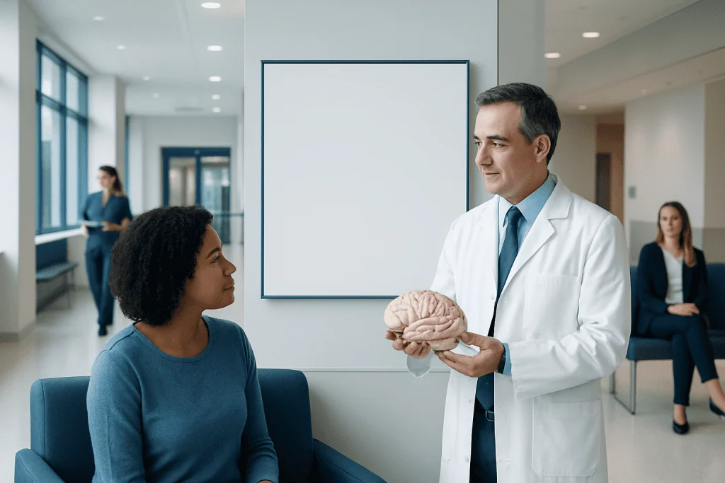Parts of the Brain: A Simple Guide to Brain Anatomy 1 Doctor explaining brain health to a patient in a hospital corridor.