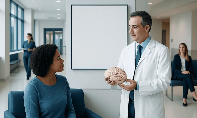 Doctor explaining brain health to a patient in a hospital corridor.