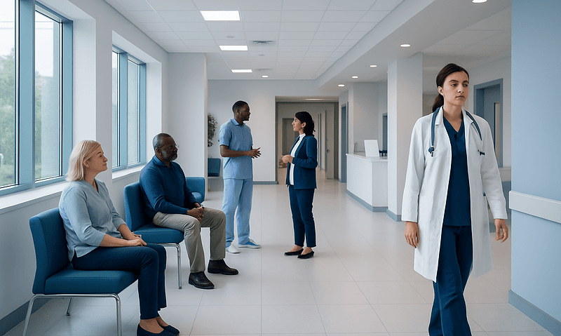 Brain Lobes: Functions of the Frontal, Parietal, Temporal, and Occipital Lobes 1 Hospital corridor with medical staff and patients in a modern healthcare facility.