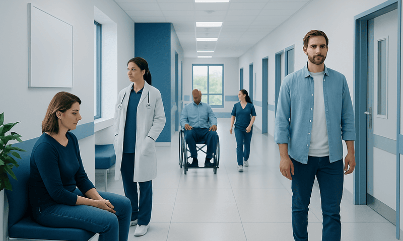 Brain Fog: Causes, Symptoms, and When to See a Doctor 5 Hospital corridor with patients and medical staff in a modern healthcare facility.