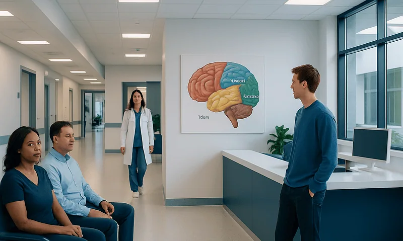 Lobes of the Brain: Roles, Symptoms of Damage, and Testing 4 Medical consultation in a hospital with brain diagram on the wall.