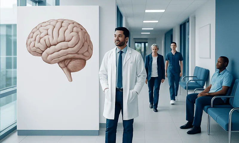 Brain Anatomy: How the Human Brain Is Organized 2 Doctor and patients in hospital corridor with brain anatomy display.
