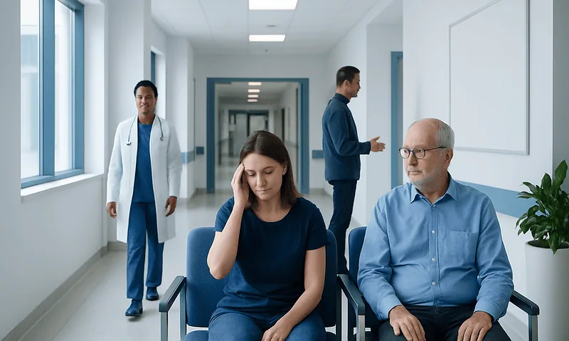 Patient experiencing headache in hospital corridor with medical staff nearby.