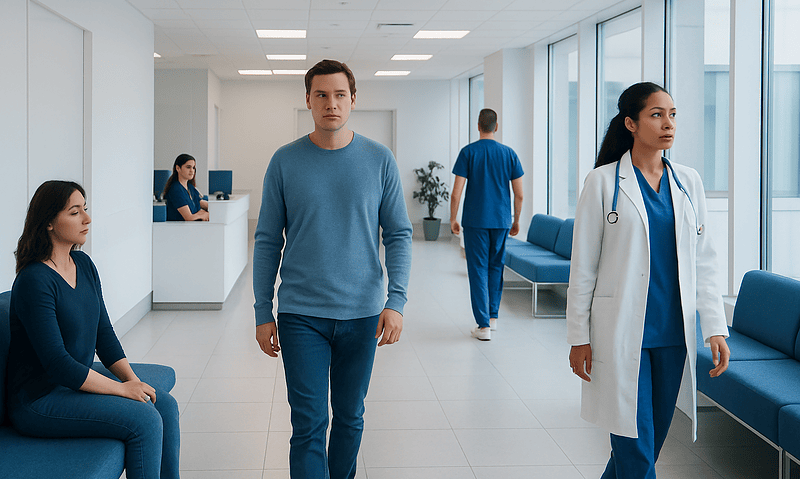 Brain Fog: Causes, Diagnosis, and How to Get Rid of It 14 Patients waiting in a modern hospital corridor with medical staff present.