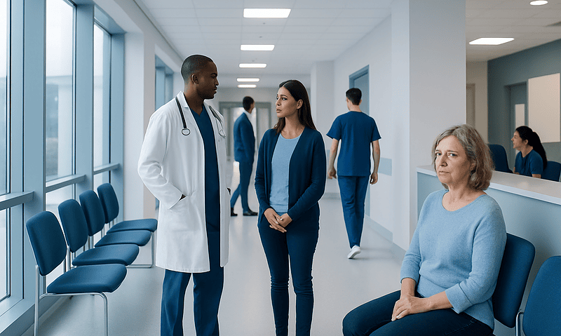 Medical staff and patient in hospital corridor at Acibadem Hospitals Group.