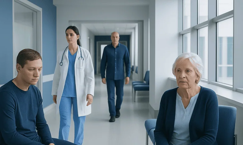 Patients and medical staff in a hospital corridor at Acibadem Hospitals Group.