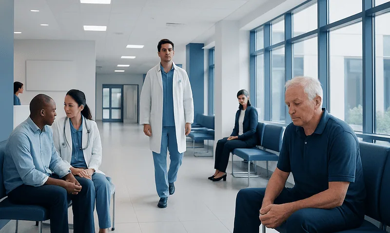 Patients waiting in a hospital corridor with medical staff present.