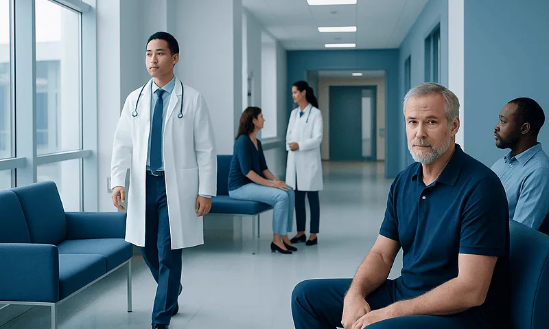 Men waiting in a hospital corridor with medical staff present.
