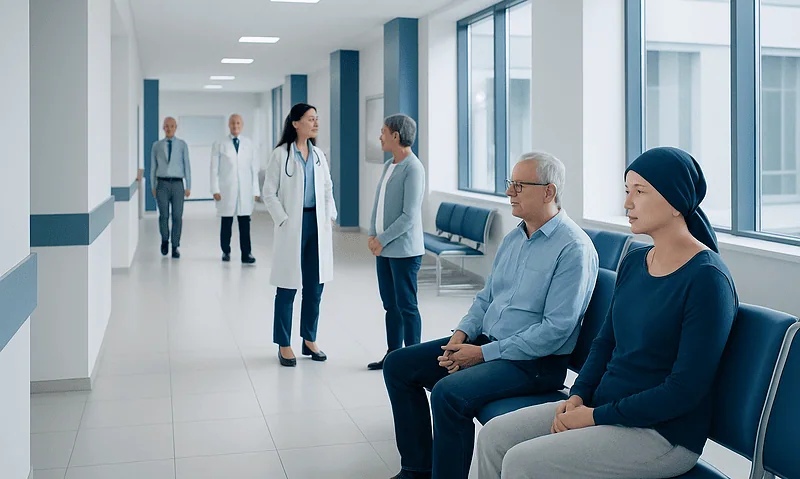 Patients waiting in a hospital corridor with medical staff nearby.