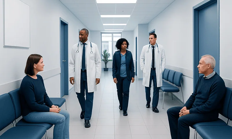 Common Signs of Cancer: When Symptoms Need a Doctor’s Attention 17 Medical consultation in hospital corridor with doctors and patients.