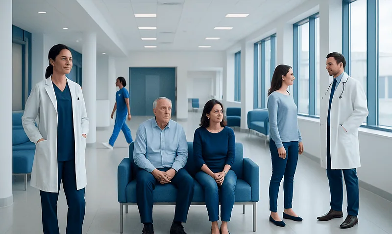 Pancreatic Cancer: Symptoms, Causes, and Diagnosis 12 Medical consultation in a modern hospital corridor with patients and doctors.