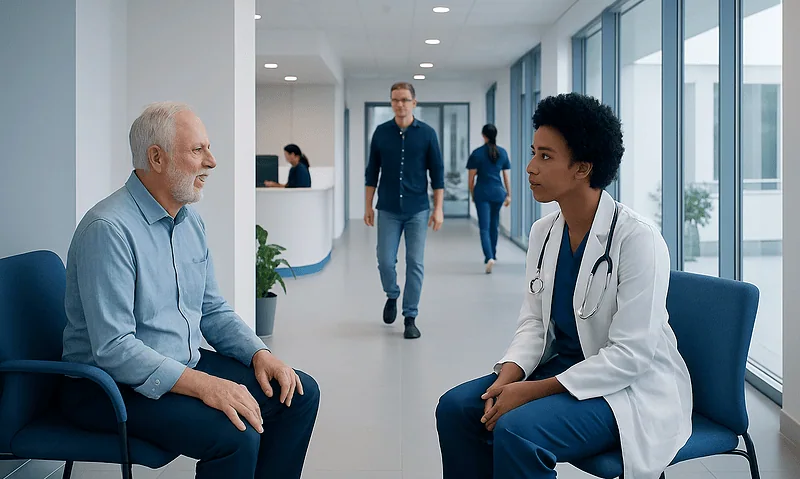 Prostate Cancer: Who Should Get Tested and Why 11 Doctor consulting with elderly male patient in hospital corridor.