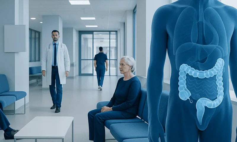 Colon Cancer: Early Signs, Causes, and When to See a Doctor 10 Patient waiting in hospital corridor with medical staff and digital colon illustration.