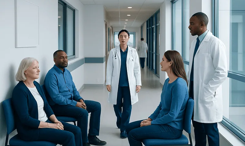 Health Library 12 Doctors and patients in a hospital corridor during consultation.