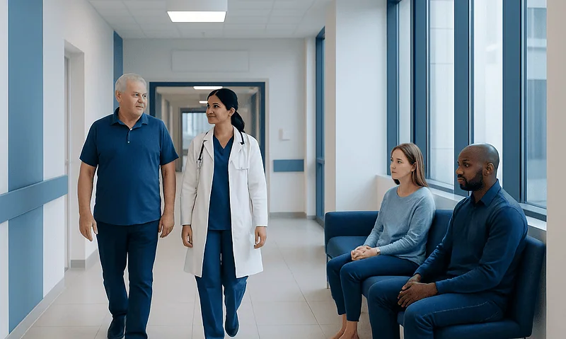Health Library 10 Medical staff consulting with patients in hospital corridor.