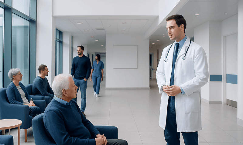 Health Library 6 Doctor consulting elderly patients in hospital waiting area.