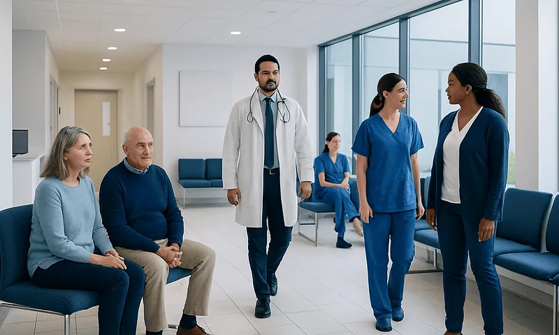 Health Library 5 Medical team consulting with elderly patient in hospital corridor.