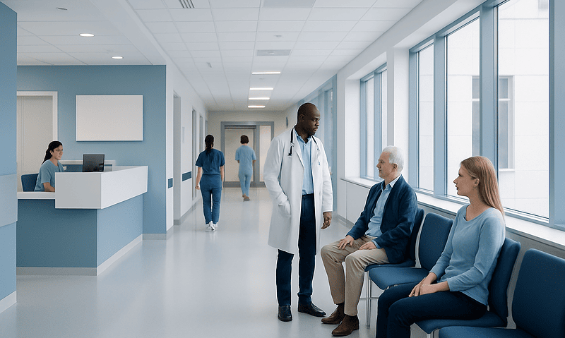 Doctor consulting with elderly patient in hospital corridor.