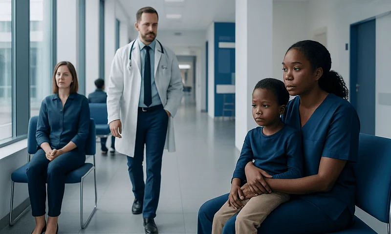 Healthcare professionals and a child in a hospital waiting area.
