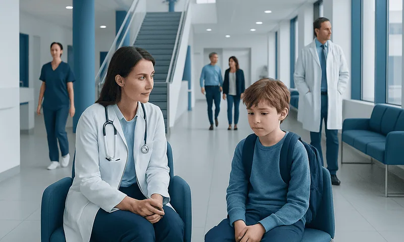 Child and doctor discussing mental health in hospital waiting area.