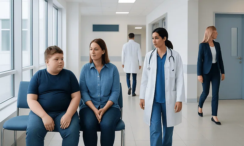 Child obesity consultation in a hospital waiting area with medical staff.