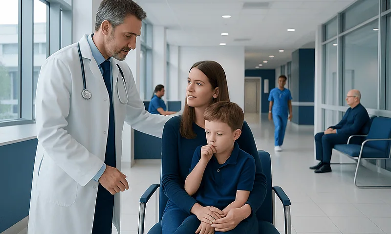 Doctor consulting with mother and son in hospital corridor.