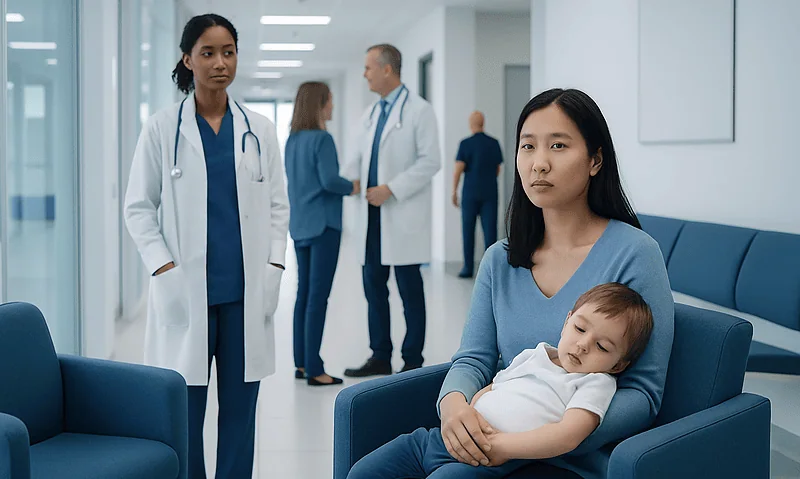 Child resting with mother in hospital corridor with doctors in background.