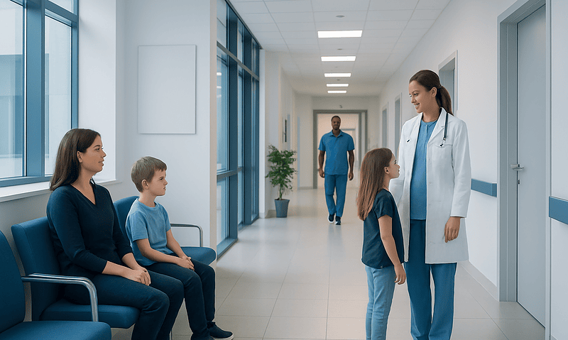Children and doctor in hospital corridor during consultation.