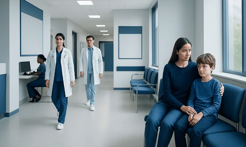 Children waiting in hospital corridor with medical staff nearby.