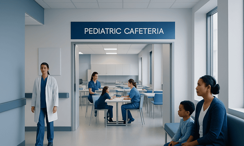Pediatric hospital cafeteria with staff and children in a clean, modern setting.