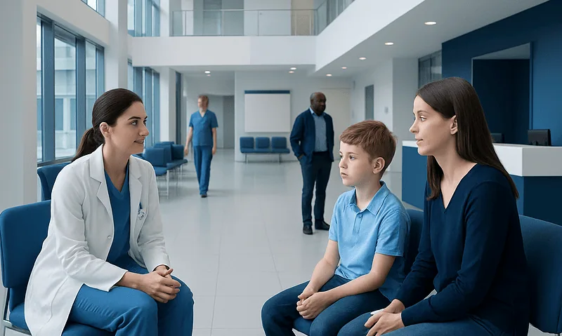 Doctor consulting with mother and son in hospital lobby.