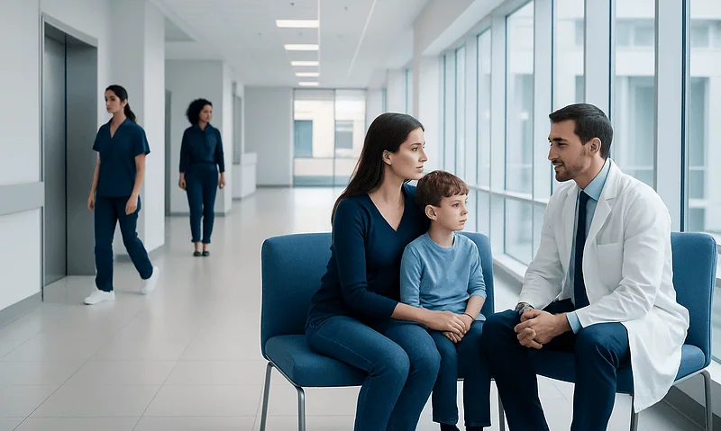 Doctor consulting with a mother and child in a hospital corridor.