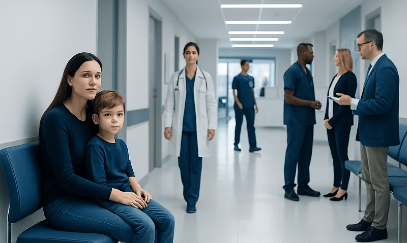 Children and healthcare professionals in a hospital corridor.