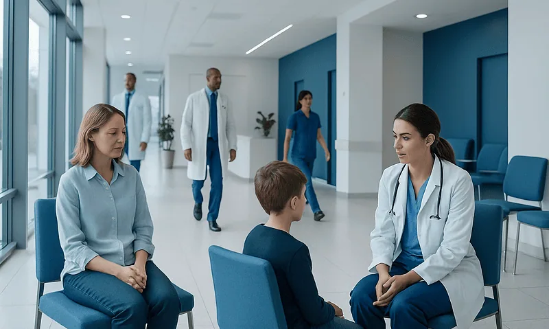 Children and healthcare professionals in a hospital waiting area.