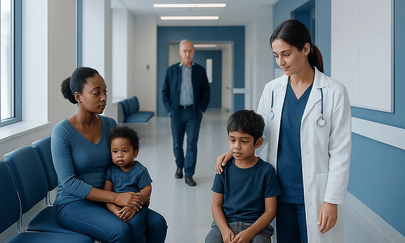 Pediatric consultation in hospital with doctor and children.