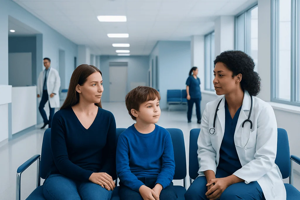 Autism Spectrum Disorder in Children: Early Signs and Diagnosis 1 Doctor consulting with a young boy and his mother in a hospital corridor.